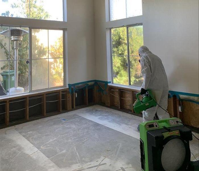 SERVPRO employee in PPE in a living room with flood cuts.